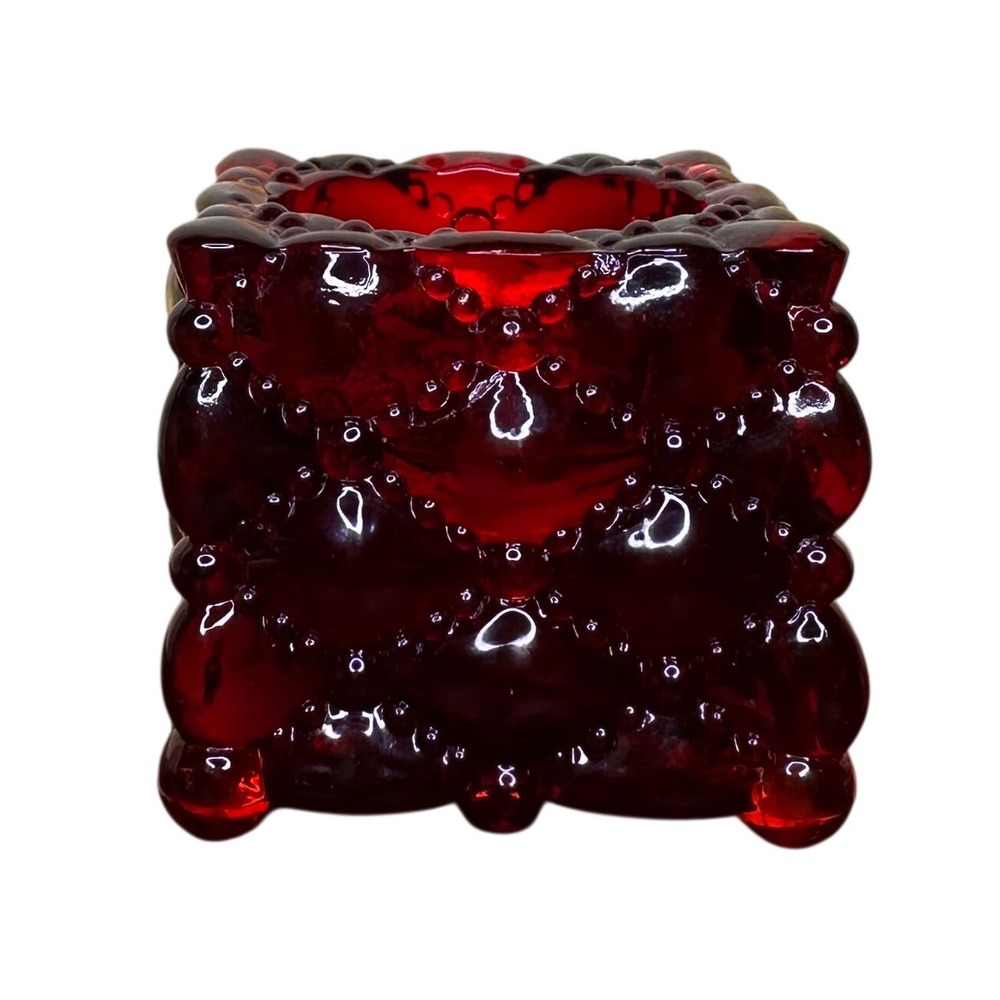 Fenton Vintage Ruby Red Amberina Glass Votive Toothpick Holder Quilted Beaded